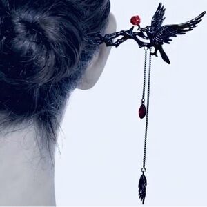 “Raven” Edgar Poe Perched Crow Rose Blood Droplet Branch Tassels Hair Stick Pin